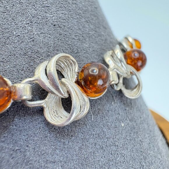 VTG Sterling Silver 925 Amber Interlocking Station Bracelet Size 7.5" Length - Picture 3 of 12